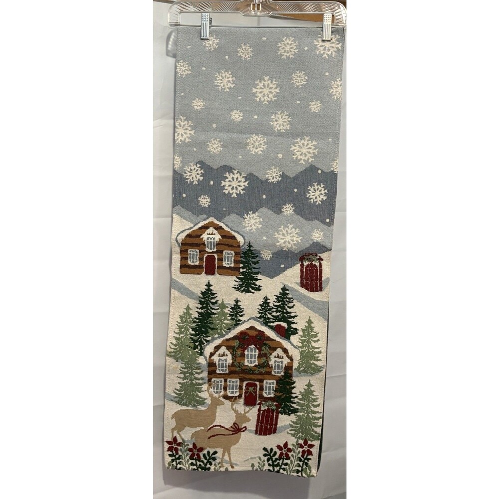 Woven Tapestry Christmas Table Runner Cabin Deer Winter Scene 72x13 Lodge